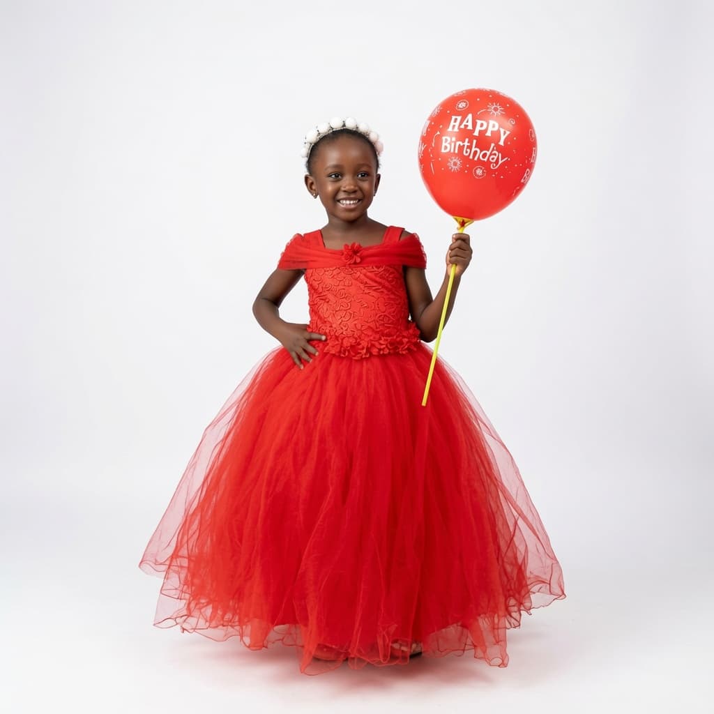 Little girl in a red tulle party dress with a floral crown