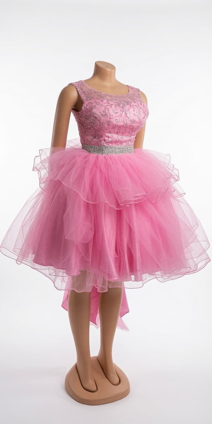 Pink beaded bodice party dress with a crystal waist belt