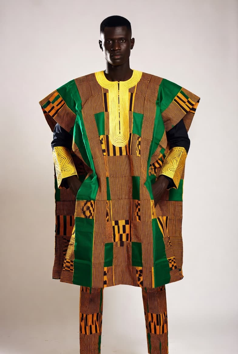 A man in a green, gold and orange kente agbada set