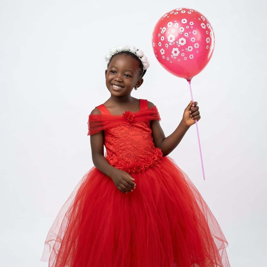 Little girl in a red party dress with a white floral headband