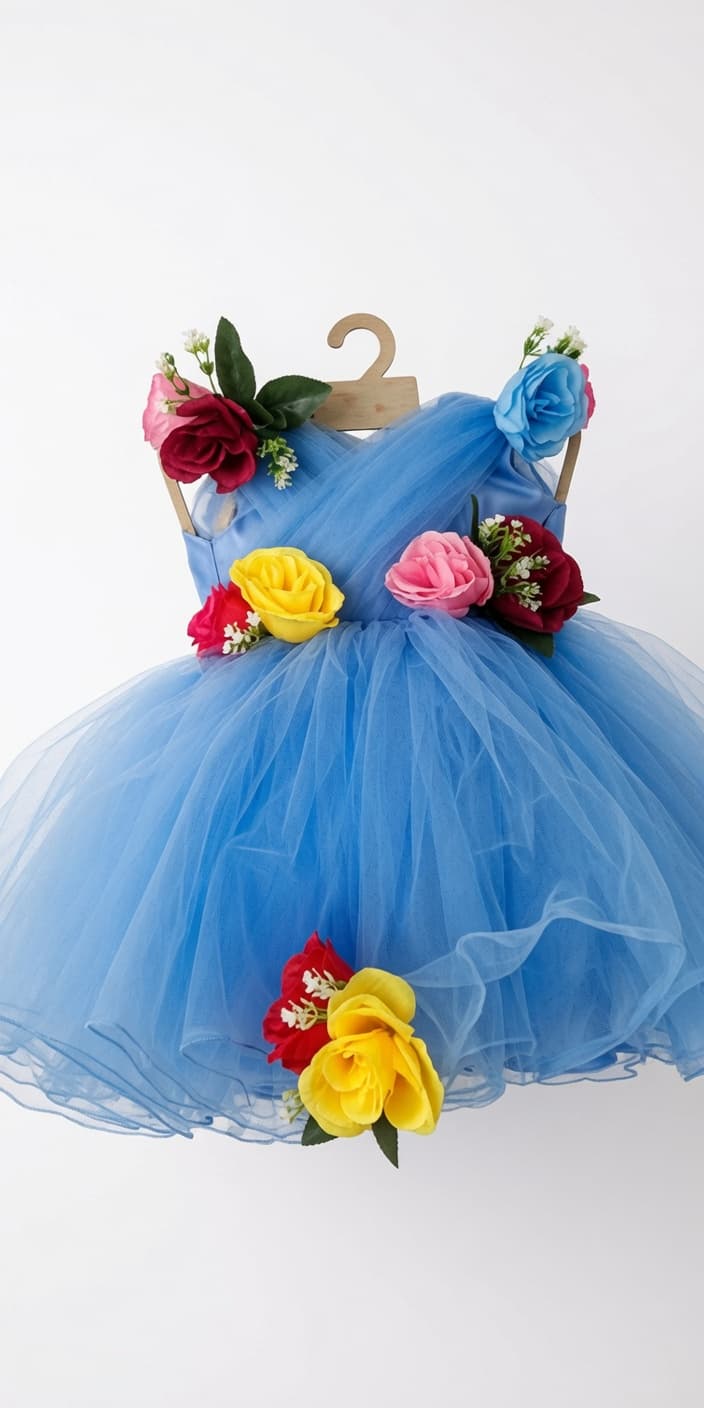 Sky-blue tulle party dress trimmed with hand-sewn rosettes