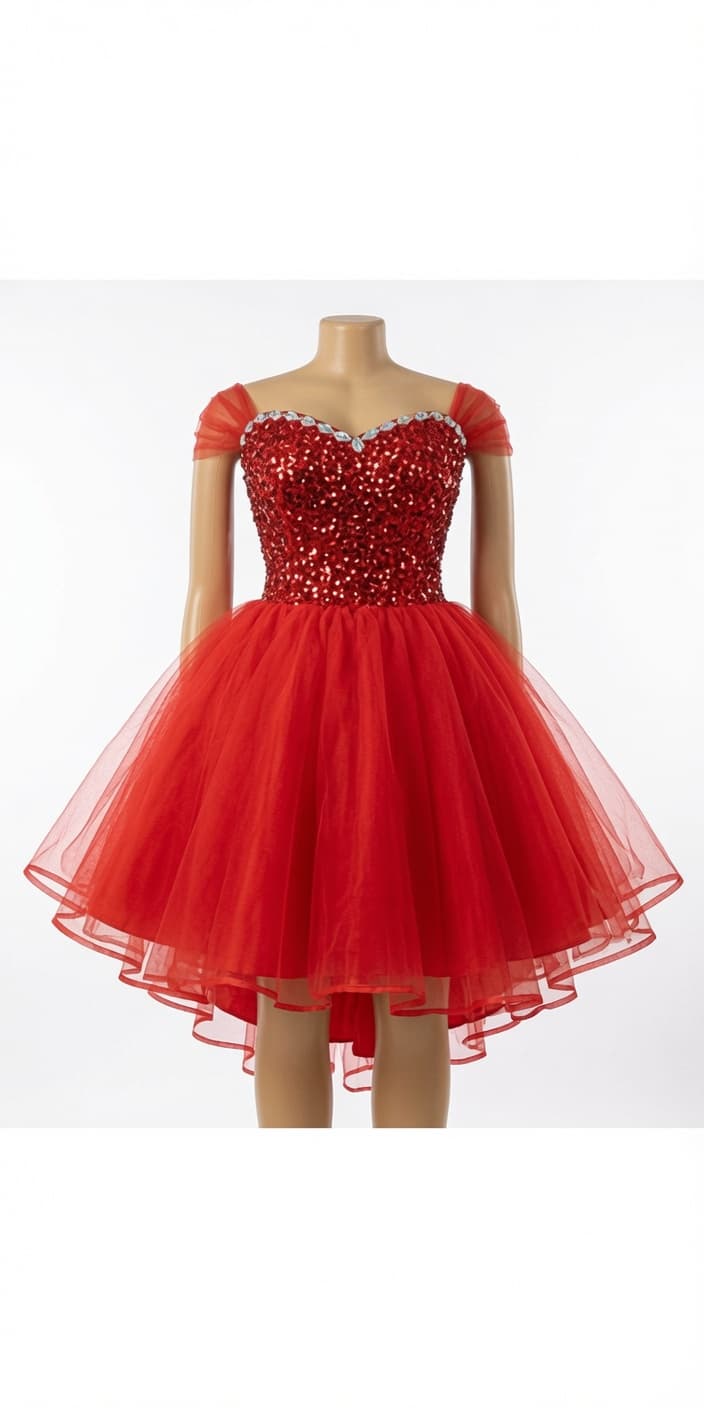 Red sequinned party dress with a full tulle skirt
