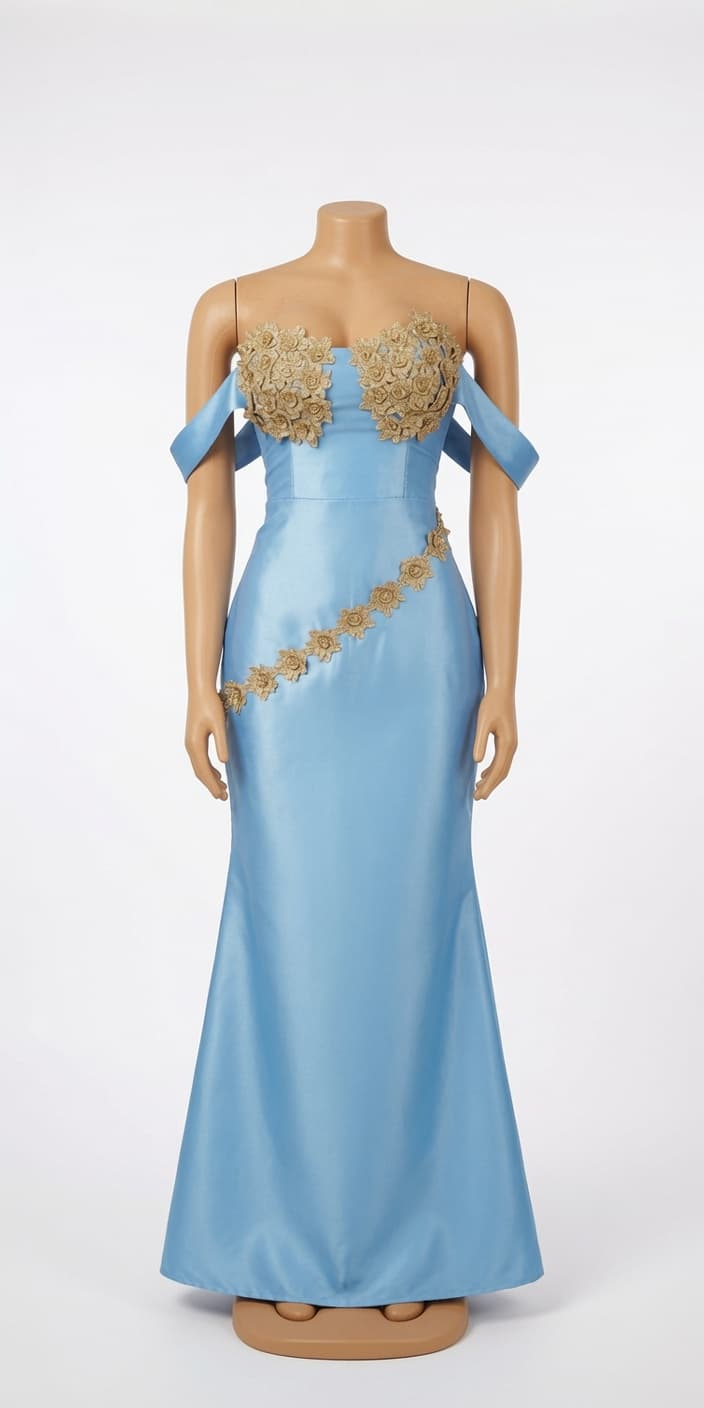 Sky-blue satin evening gown with gold floral lace appliqué